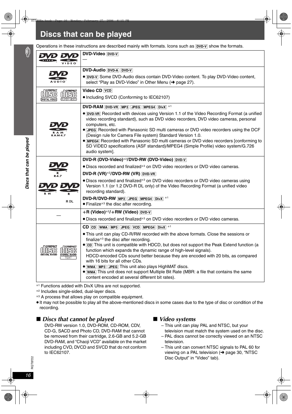 Discs that can be played, Discs that cannot be played, Video systems | Panasonic SC-HT990 User Manual | Page 16 / 48