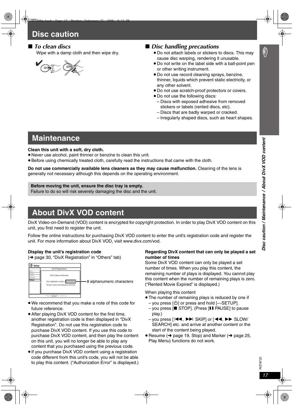 Disc caution, Maintenance, About divx vod content | Disc handling precautions | Panasonic SC-HT990 User Manual | Page 17 / 48