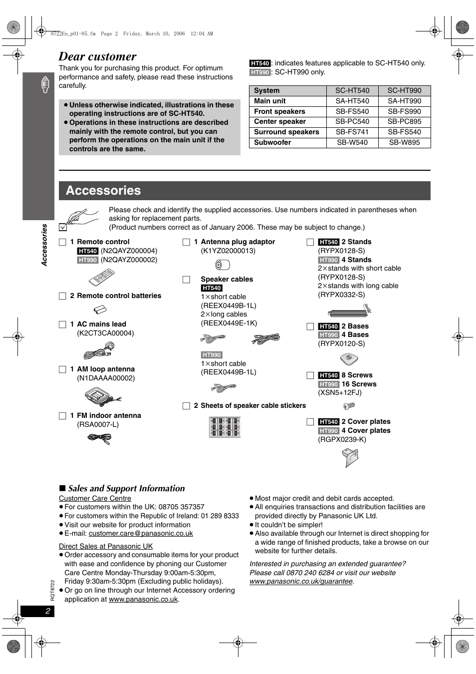 Dear customer, Accessories, Sales and support information | Panasonic SC-HT990 User Manual | Page 2 / 48