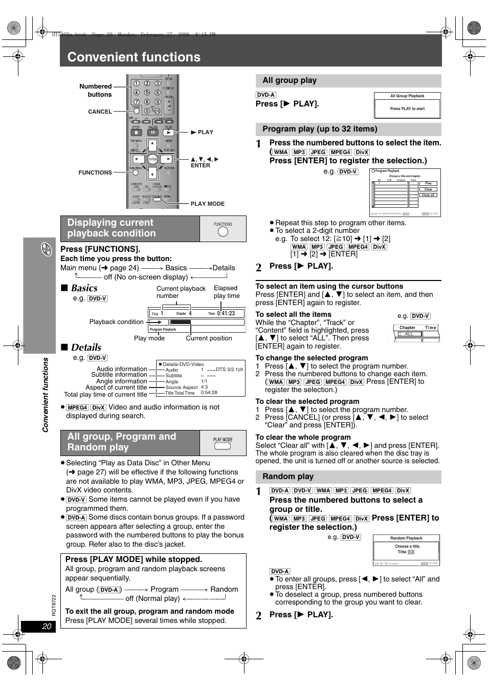 Convenient functions, Basics, Details | Panasonic SC-HT990 User Manual | Page 20 / 48