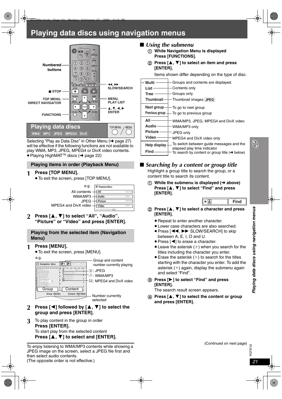 Playing data discs using navigation menus, Using the submenu, Searching by a content or group title | Playing data discs | Panasonic SC-HT990 User Manual | Page 21 / 48