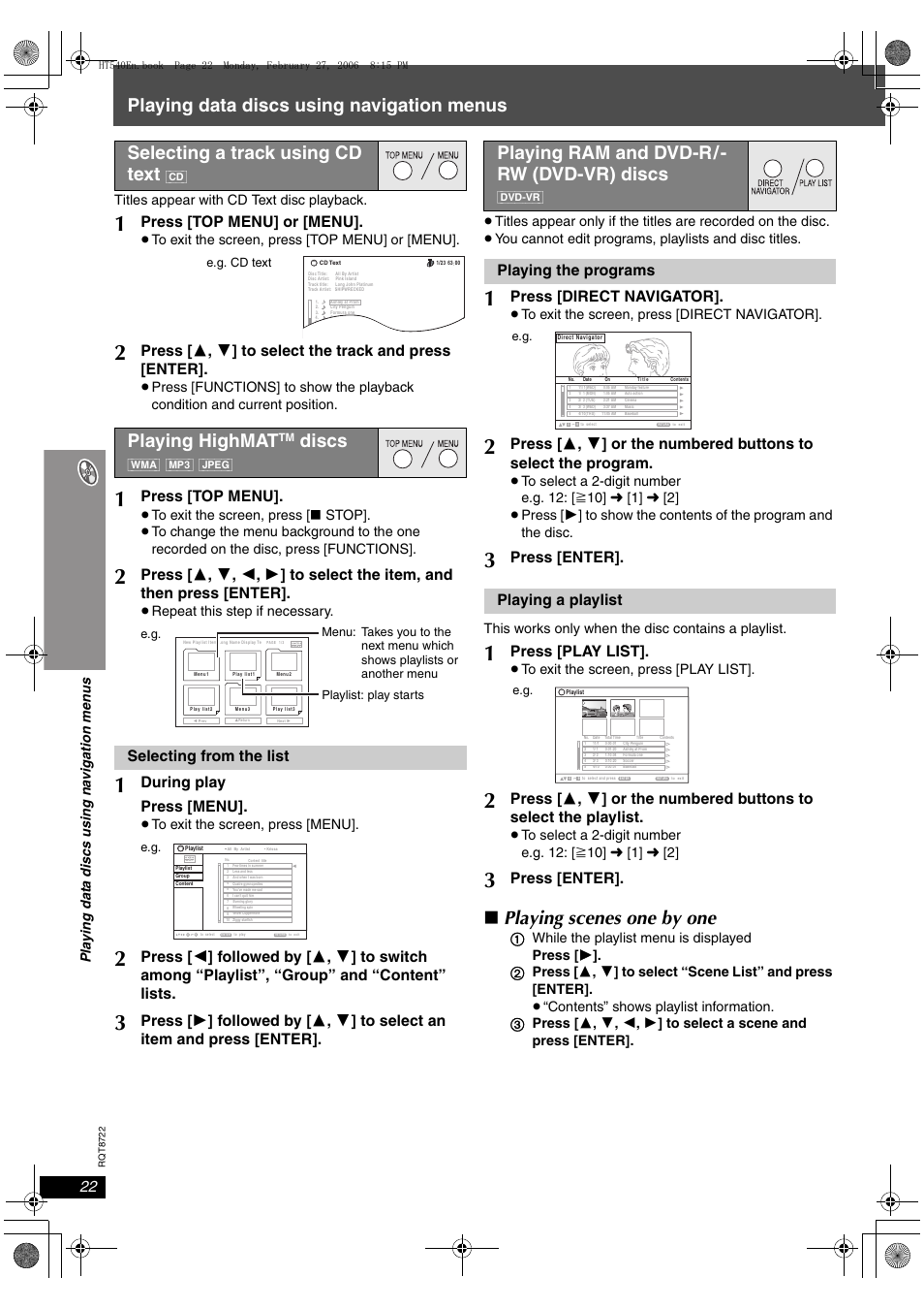 Playing data discs using navigation menus, Playing scenes one by one, Selecting a track using cd text | Playing highmat, Discs, Playing ram and dvd-r/- rw (dvd-vr) discs, Press [top menu] or [menu, Press [top menu, Selecting from the list, During play press [menu | Panasonic SC-HT990 User Manual | Page 22 / 48