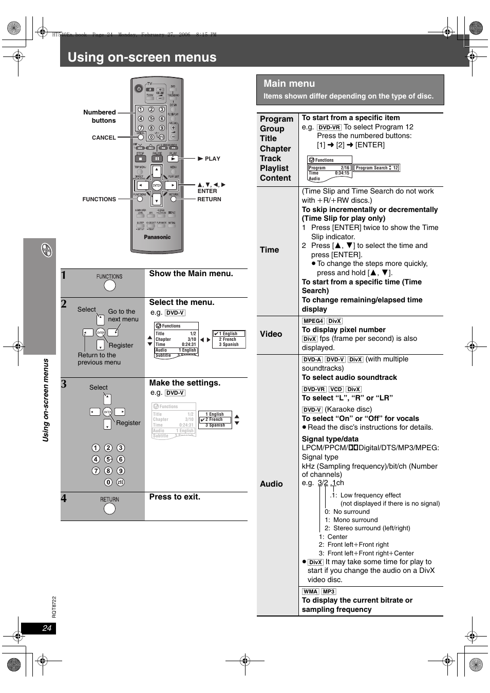Using on-screen menus, Main menu | Panasonic SC-HT990 User Manual | Page 24 / 48