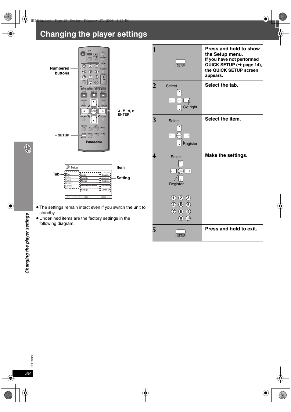 Changing the player settings | Panasonic SC-HT990 User Manual | Page 28 / 48