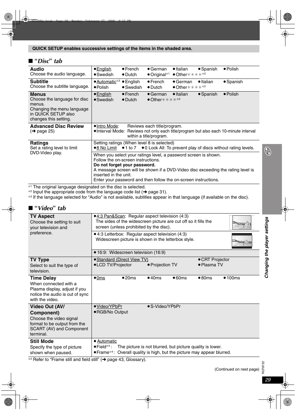 Disc ” tab, Video ” tab | Panasonic SC-HT990 User Manual | Page 29 / 48