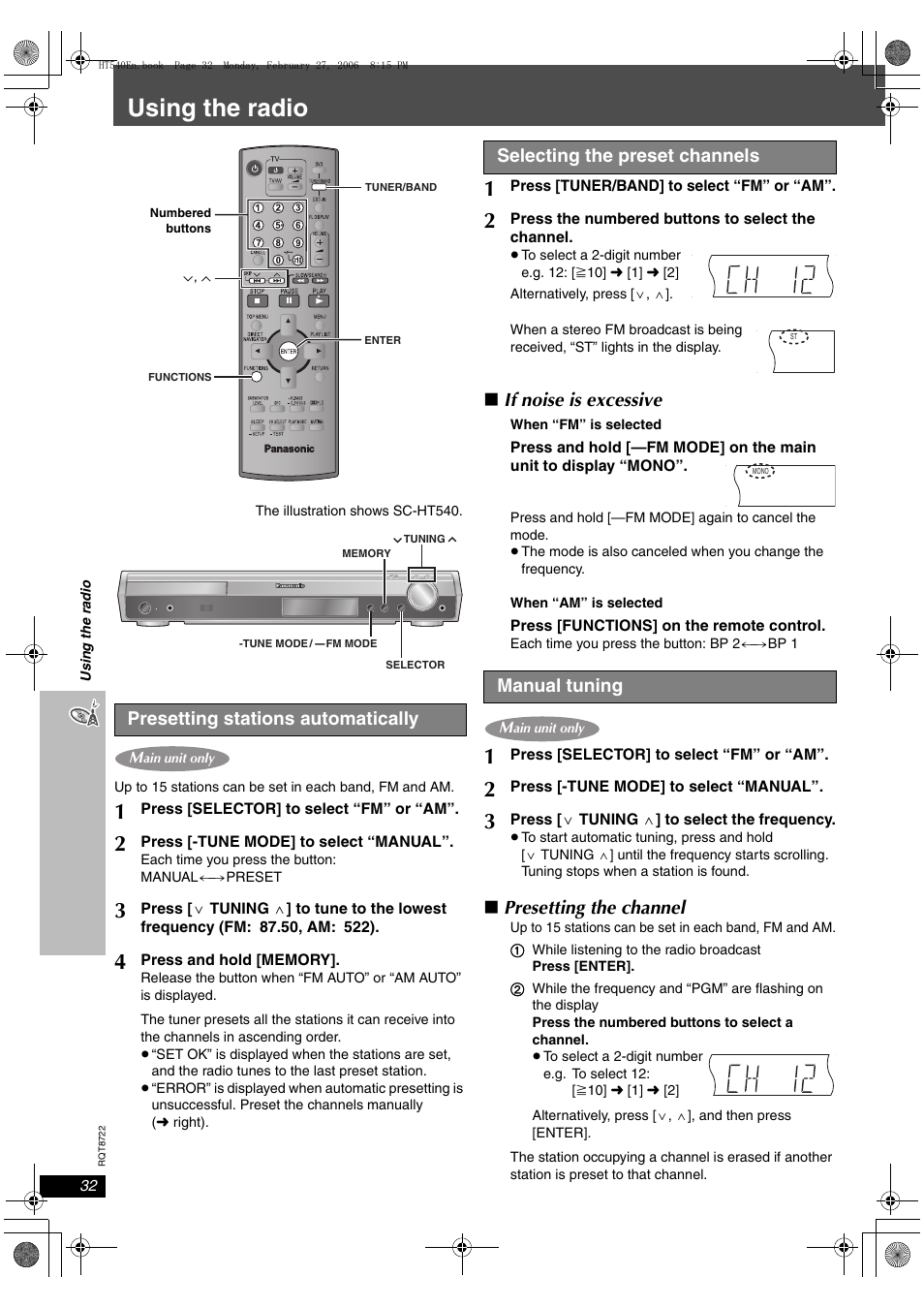 Using the radio, If noise is excessive, Presetting the channel | Presetting stations automatically, Selecting the preset channels, Manual tuning | Panasonic SC-HT990 User Manual | Page 32 / 48