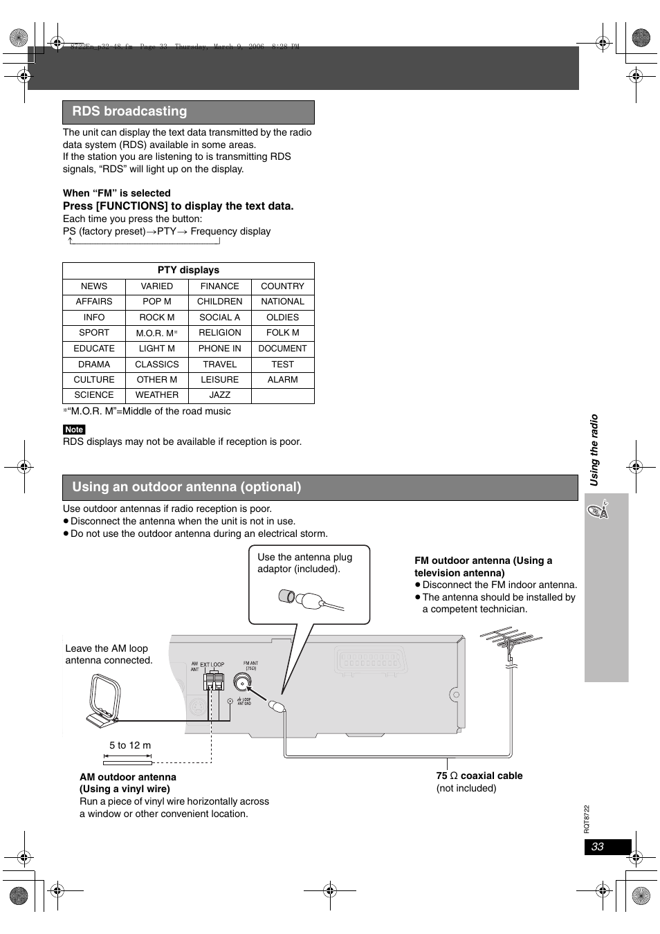 Rds broadcasting, Using an outdoor antenna (optional) | Panasonic SC-HT990 User Manual | Page 33 / 48