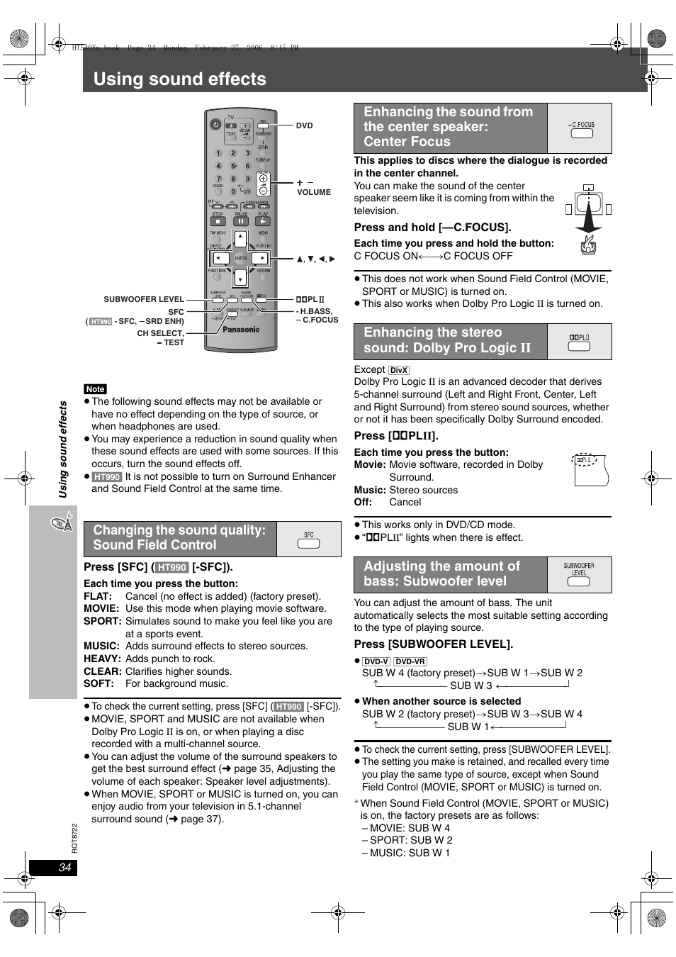 Using sound effects, Changing the sound quality: sound field control | Panasonic SC-HT990 User Manual | Page 34 / 48