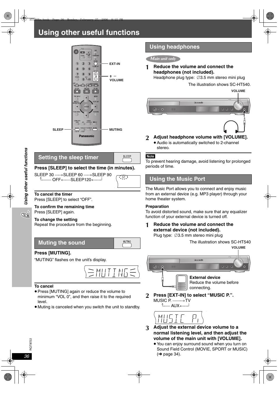 Using other useful functions, Setting the sleep timer muting the sound, Using headphones | Using the music port | Panasonic SC-HT990 User Manual | Page 36 / 48