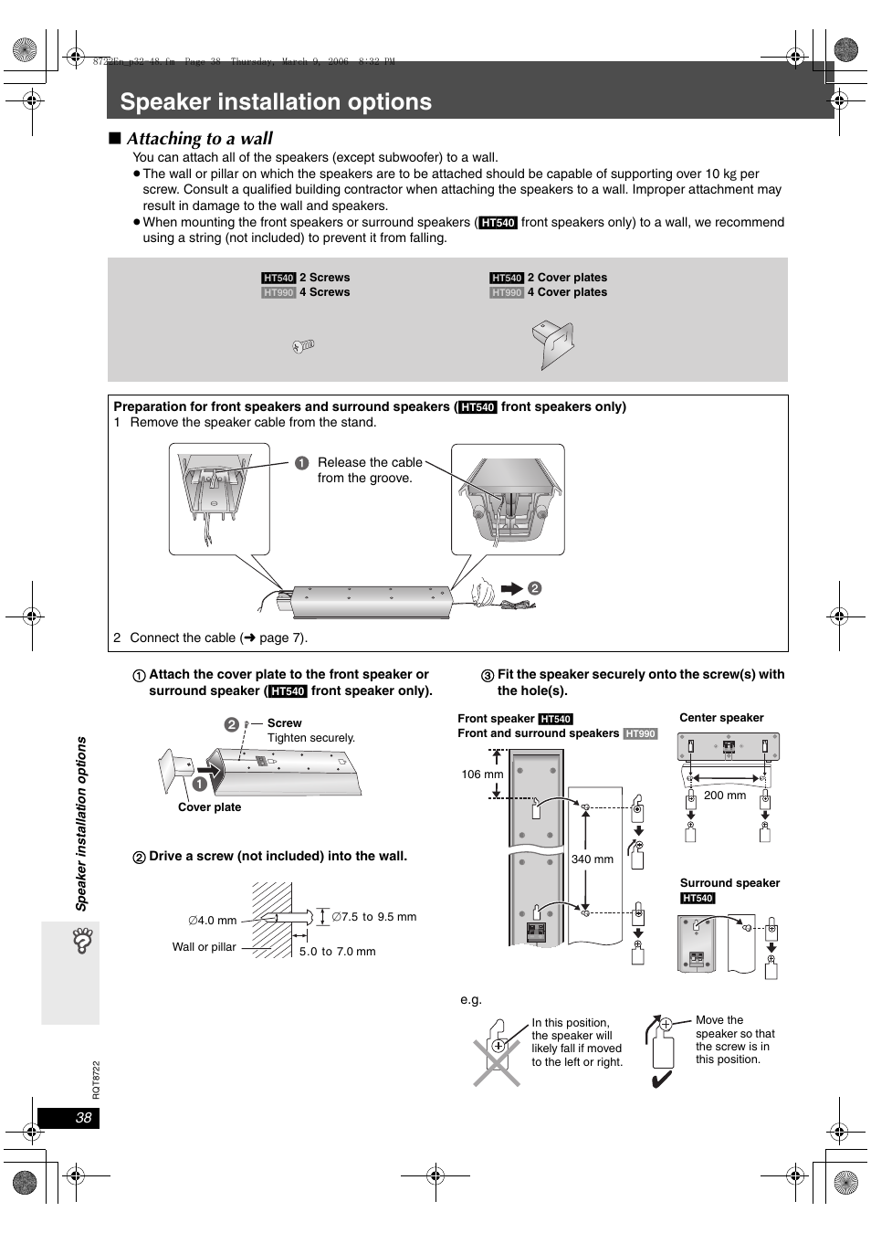 Speaker installation options, Attaching to a wall | Panasonic SC-HT990 User Manual | Page 38 / 48