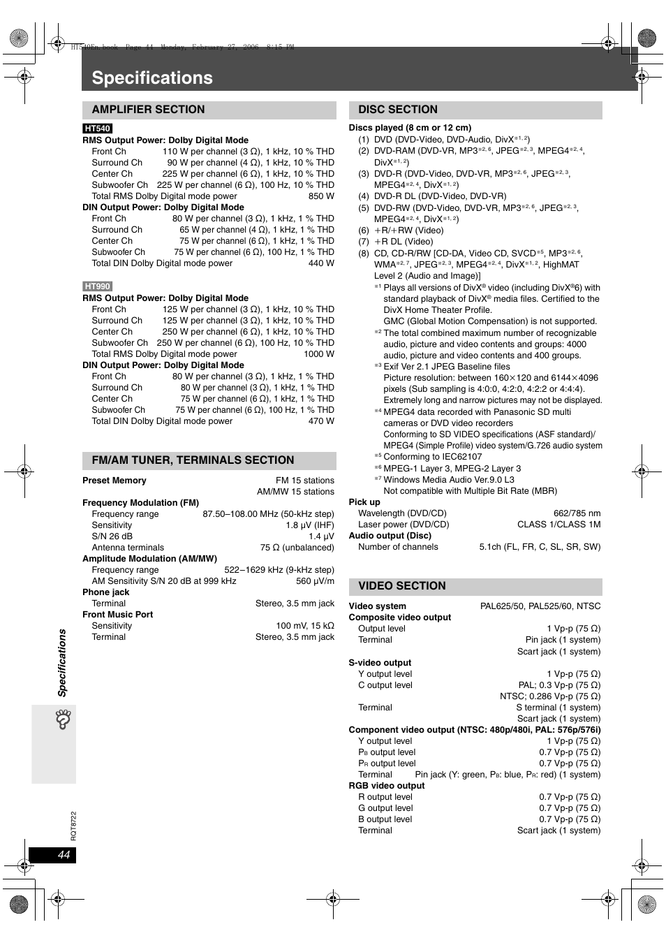 Specifications | Panasonic SC-HT990 User Manual | Page 44 / 48