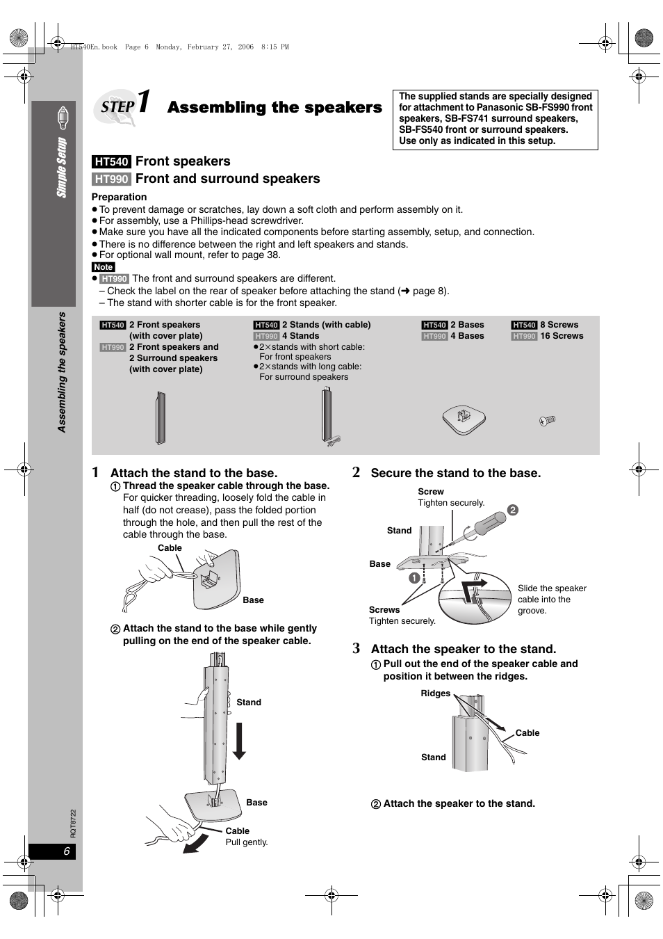 Step, Assembling the speakers | Panasonic SC-HT990 User Manual | Page 6 / 48