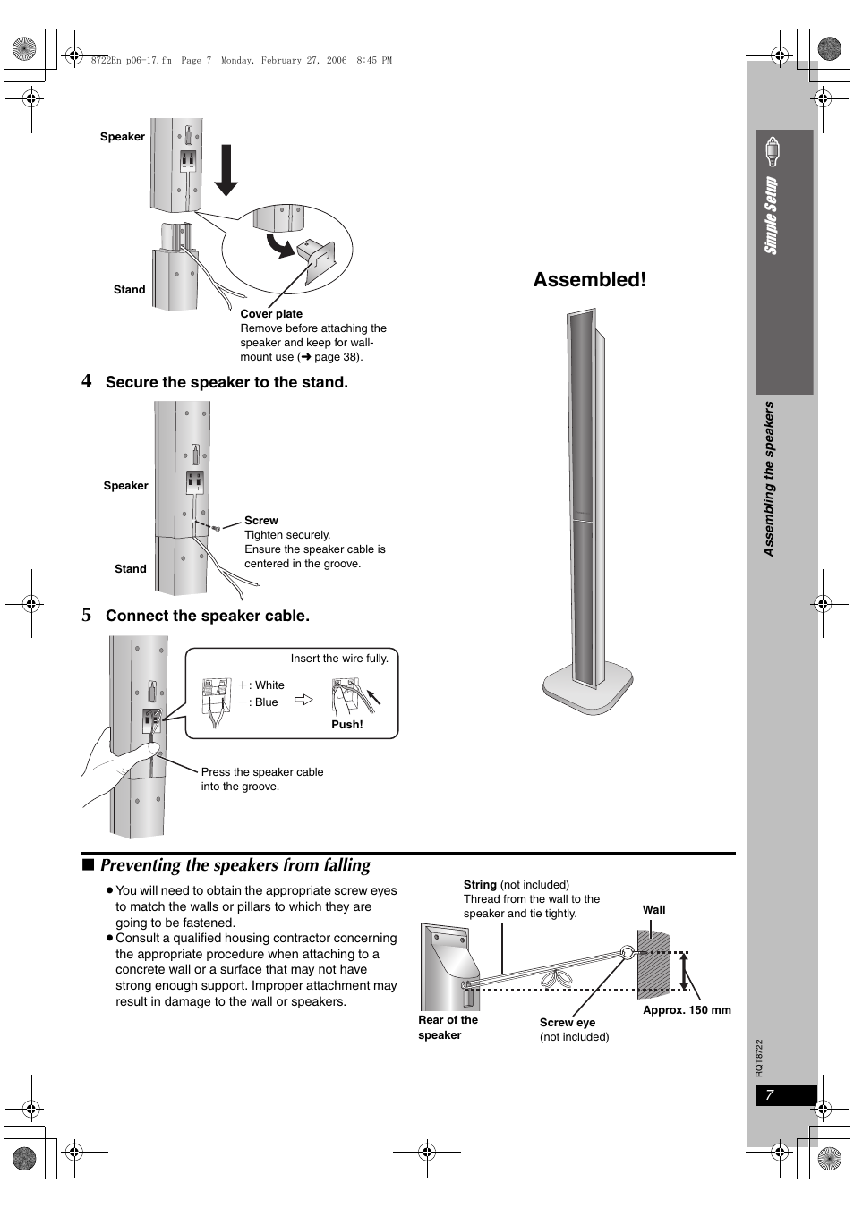 Assembled, Preventing the speakers from falling | Panasonic SC-HT990 User Manual | Page 7 / 48