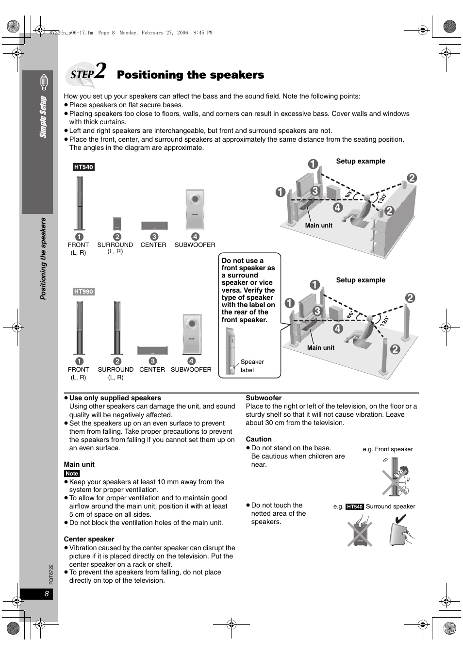 Step, Positioning the speakers | Panasonic SC-HT990 User Manual | Page 8 / 48