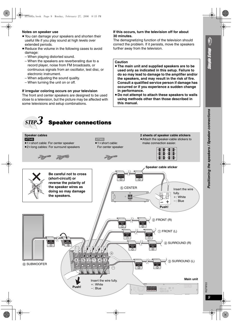 Step, Speaker connections, Si mp le s etu p | Po sitioning the spea ker s / speak er connections | Panasonic SC-HT990 User Manual | Page 9 / 48