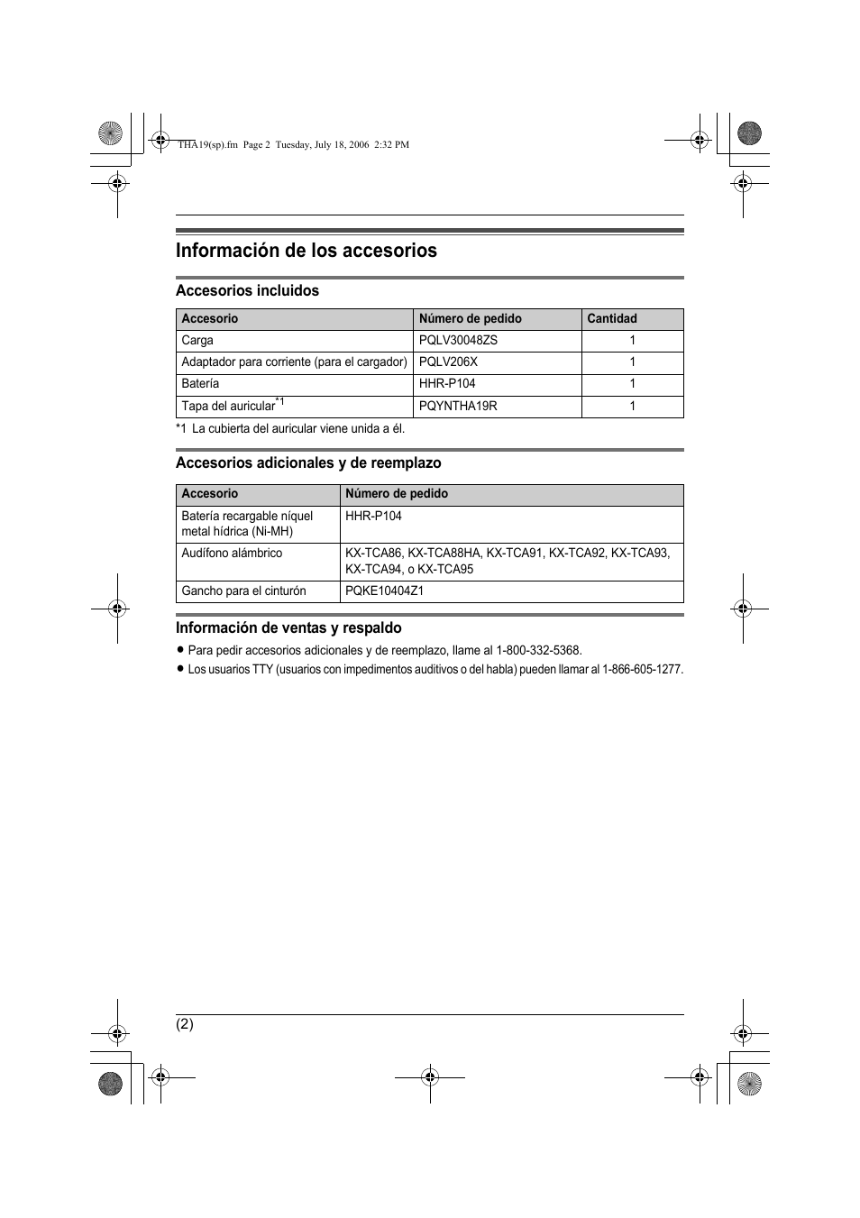 Información de los accesorios | Panasonic KX-TH111 User Manual | Page 15 / 20