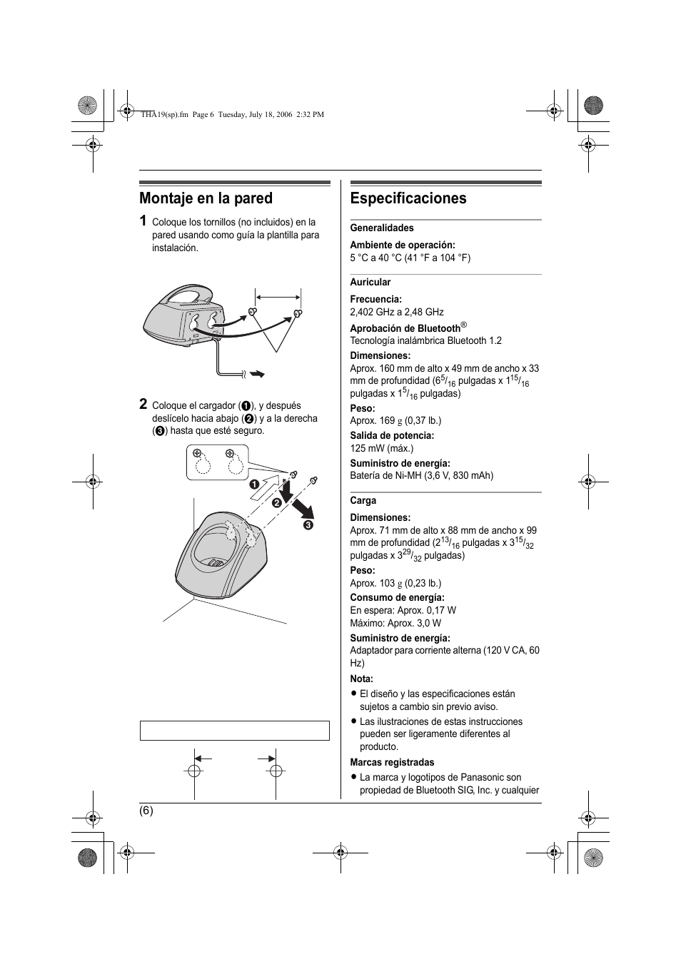 Montaje en la pared, Especificaciones | Panasonic KX-TH111 User Manual | Page 19 / 20