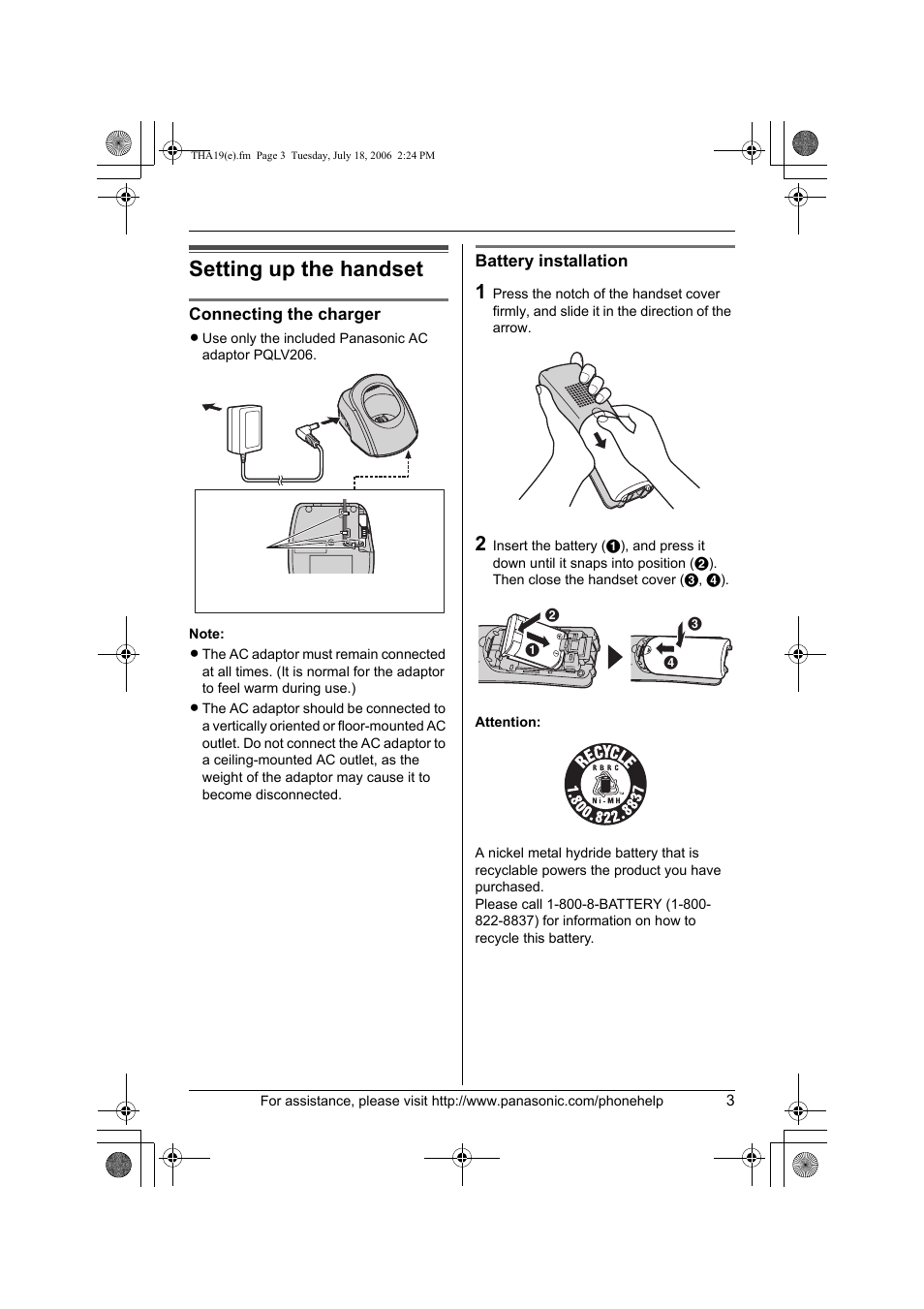 Setting up the handset | Panasonic KX-TH111 User Manual | Page 3 / 20