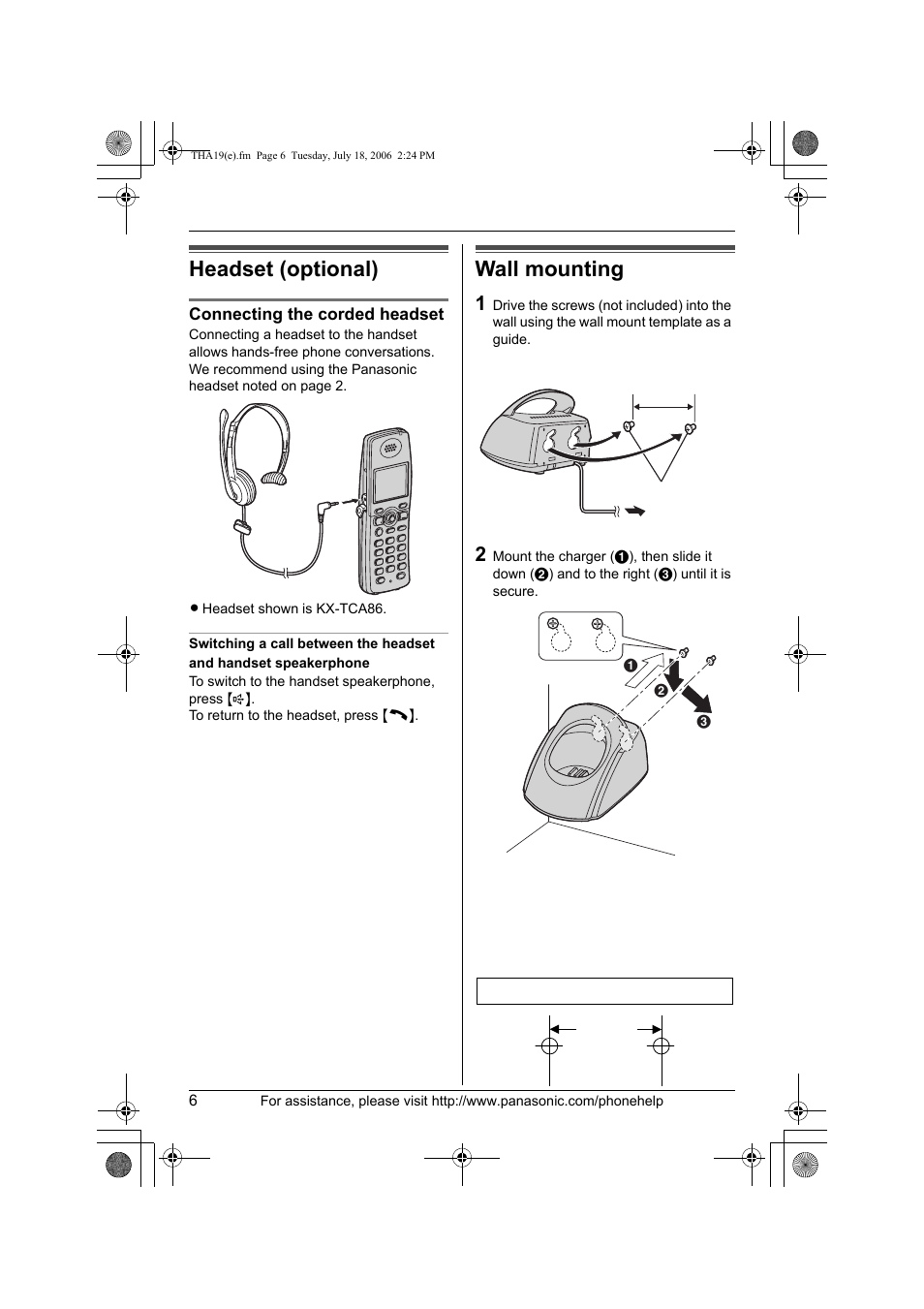 Headset (optional), Wall mounting | Panasonic KX-TH111 User Manual | Page 6 / 20