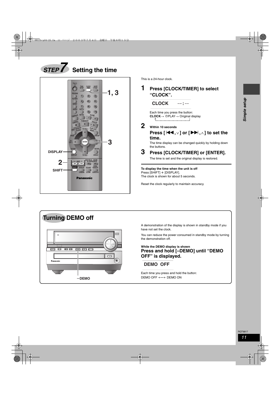 Step, Setting the time, Turning demo off | Press [clock/timer] to select “clock, Press [ : , x ] or [ 9 , w ] to set the time, Press [clock/timer] or [enter, Clock, Demo off, Ac in, Si mple se tu p | Panasonic SC-DP1 User Manual | Page 11 / 36