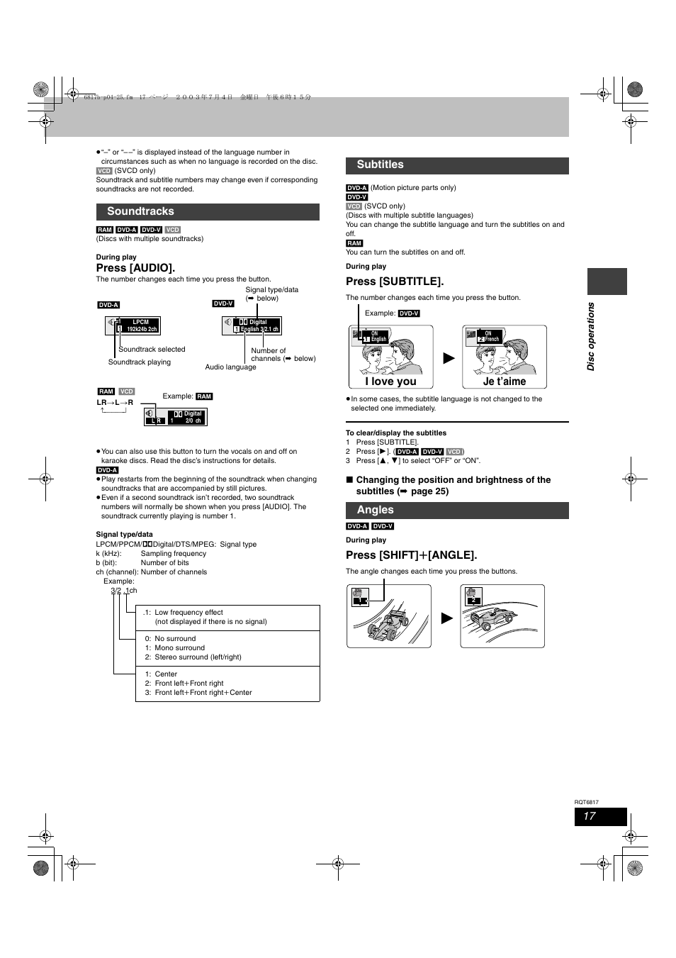 Press [audio, Press [subtitle, Press [shift] r [angle | Soundtracks, Subtitles angles i love you, Je t’aime | Panasonic SC-DP1 User Manual | Page 17 / 36