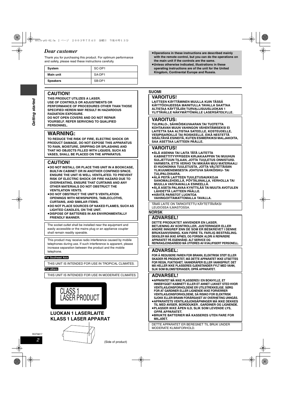Class 1 laser product, Dear customer, Warning | Panasonic SC-DP1 User Manual | Page 2 / 36