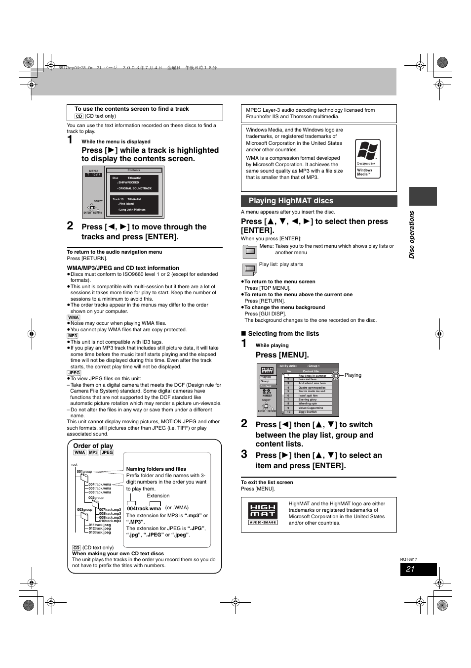 Press [menu, Playing highmat discs | Panasonic SC-DP1 User Manual | Page 21 / 36