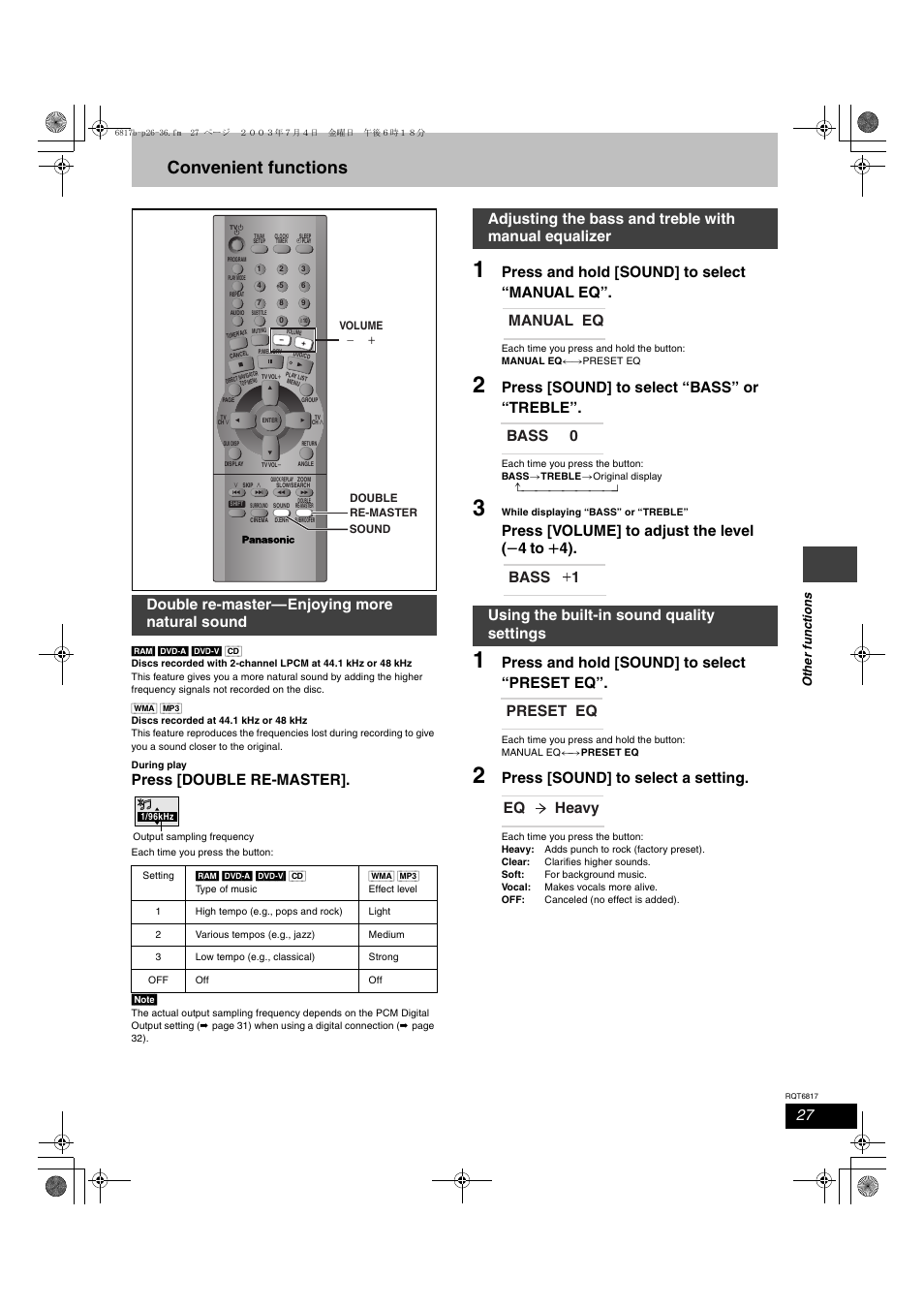 Convenient functions, Press [double re-master, Press and hold [sound] to select “manual eq | Press [sound] to select “bass” or “treble, Press [volume] to adjust the level, Press and hold [sound] to select “preset eq, Press [sound] to select a setting, Double re-master—enjoying more natural sound | Panasonic SC-DP1 User Manual | Page 27 / 36