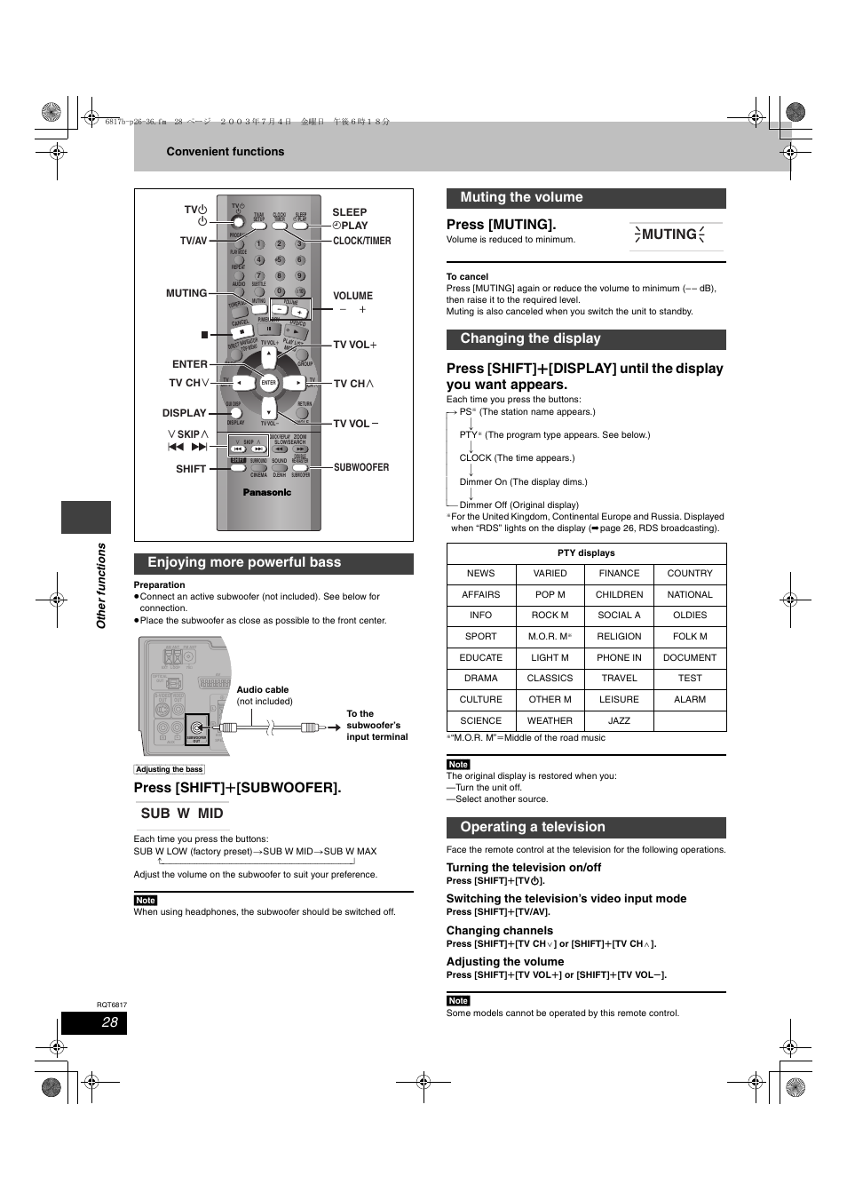 Press [shift] r [subwoofer, Press [muting, Enjoying more powerful bass | Sub w mid muting the volume changing the display, Operating a television muting, Turning the television on/off, Switching the television’s video input mode, Changing channels, Adjusting the volume | Panasonic SC-DP1 User Manual | Page 28 / 36