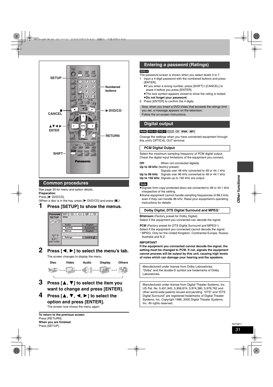 Press [setup] to show the menus, Press [ 2 , 1 ] to select the menu’s tab, Common procedures | Entering a password (ratings), Digital output, Othe r fu nc ti o n s | Panasonic SC-DP1 User Manual | Page 31 / 36