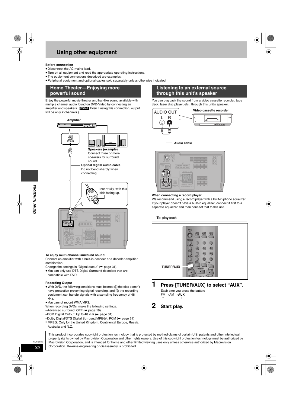 Using other equipment, Press [tuner/aux] to select “aux, Volume | Othe r fu nc ti o n s, Audio out l r, Tuner/aux | Panasonic SC-DP1 User Manual | Page 32 / 36