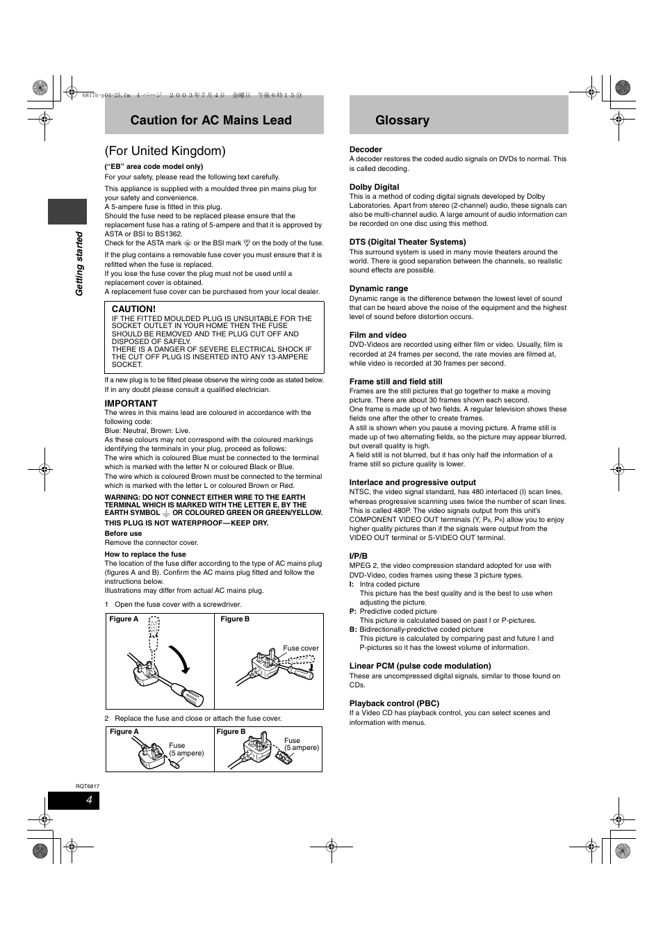 Caution for ac mains lead (for united kingdom), Glossary | Panasonic SC-DP1 User Manual | Page 4 / 36