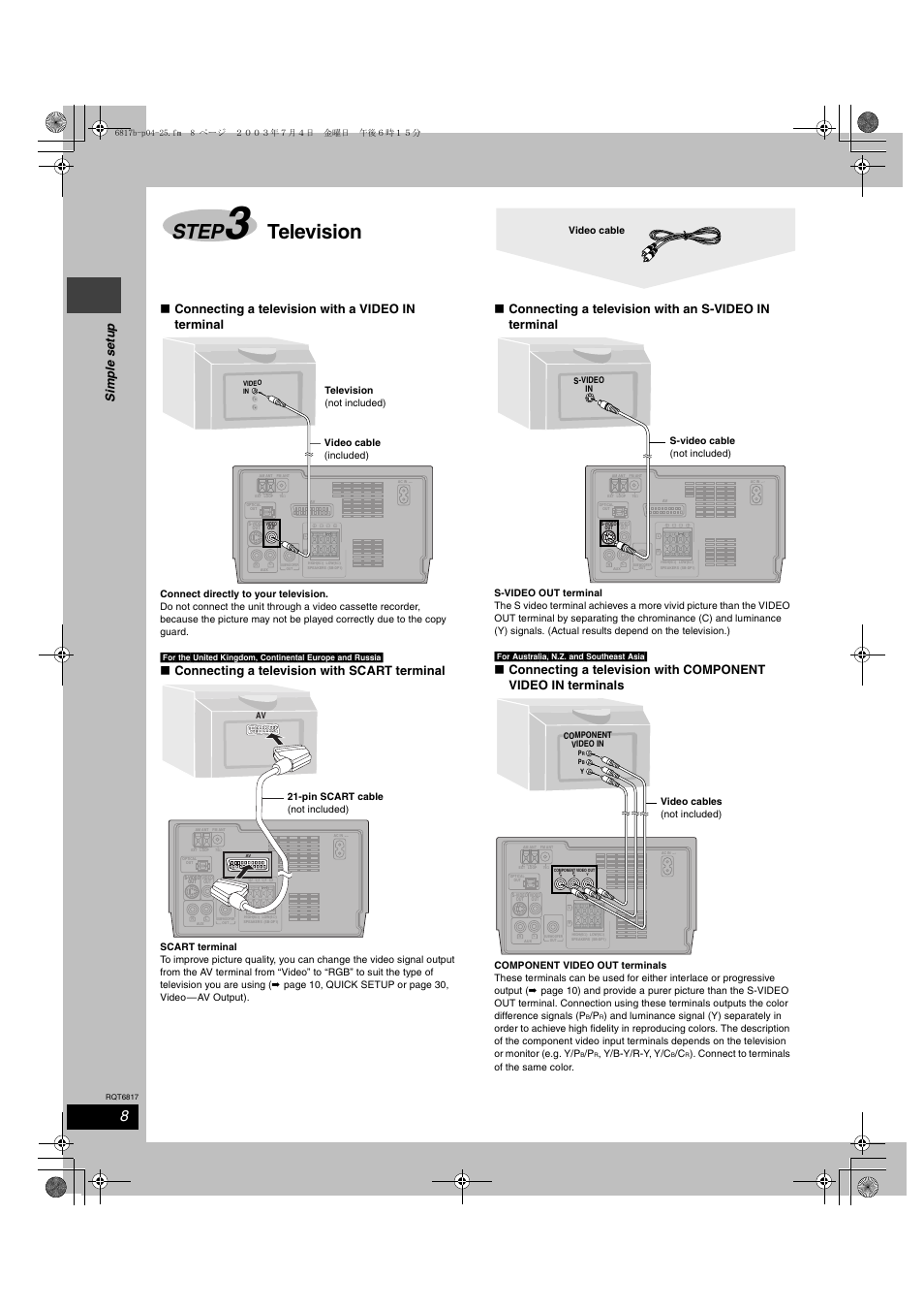 Step, Television, Connecting a television with scart terminal | Y/b-y/r-y, y/c, Connect to terminals of the same color, Video cable, Television (not included) video cable (included), Pin scart cable (not included), S-video cable (not included), Video cables (not included) | Panasonic SC-DP1 User Manual | Page 8 / 36