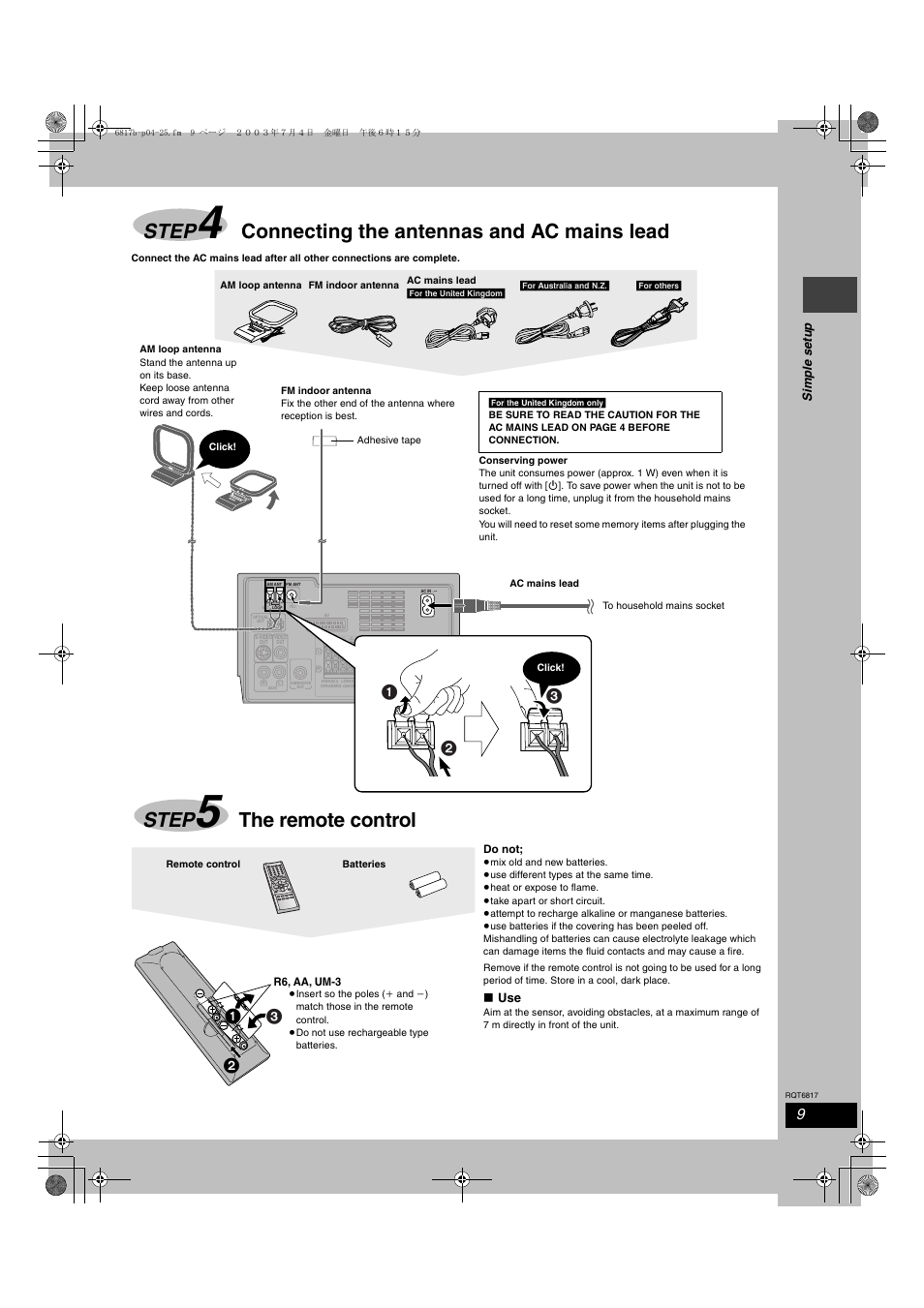 Step, Connecting the antennas and ac mains lead, The remote control | Panasonic SC-DP1 User Manual | Page 9 / 36