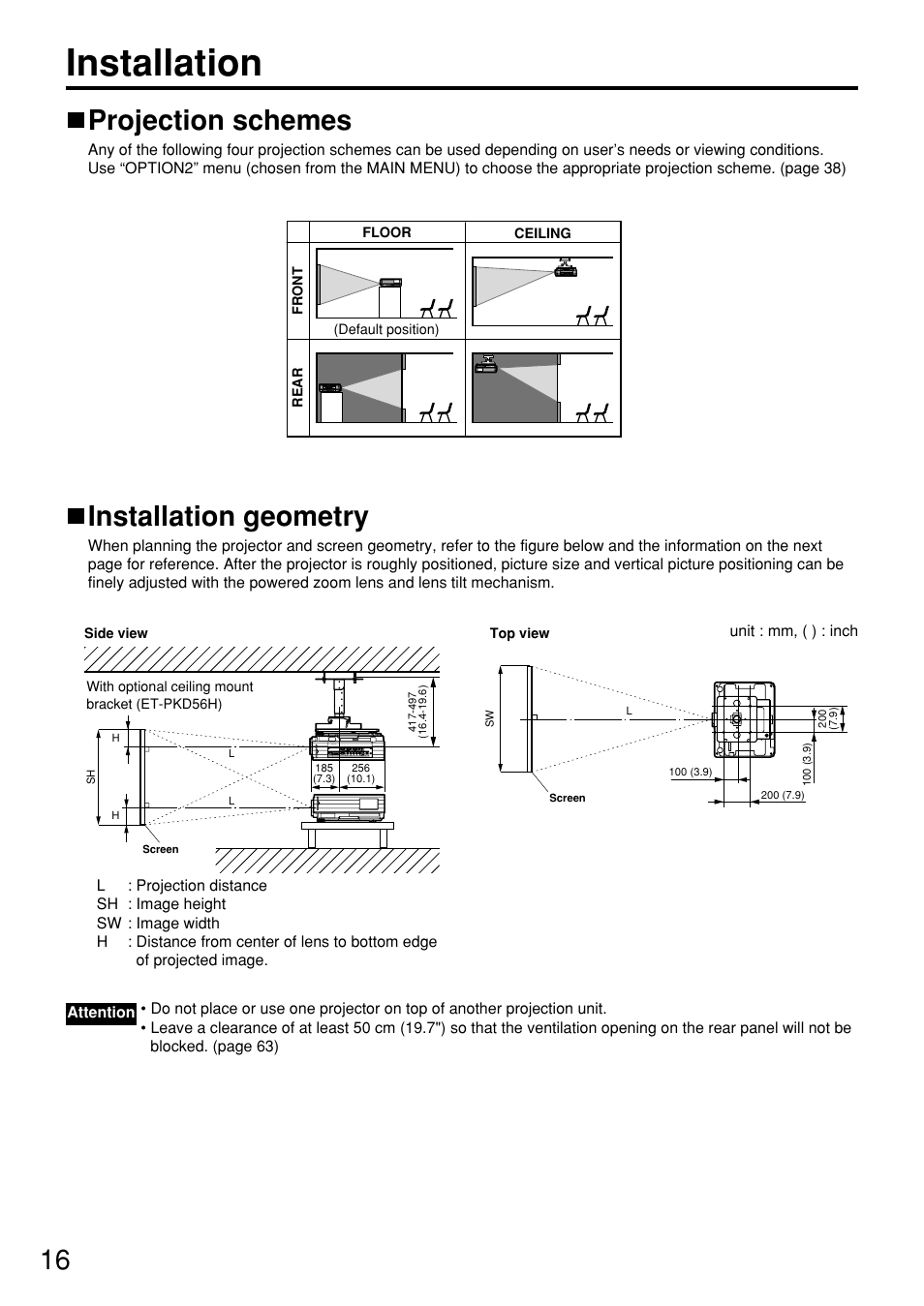 Installation, Installation geometry, Projection schemes | Panasonic PT DW5100UL User Manual | Page 16 / 72