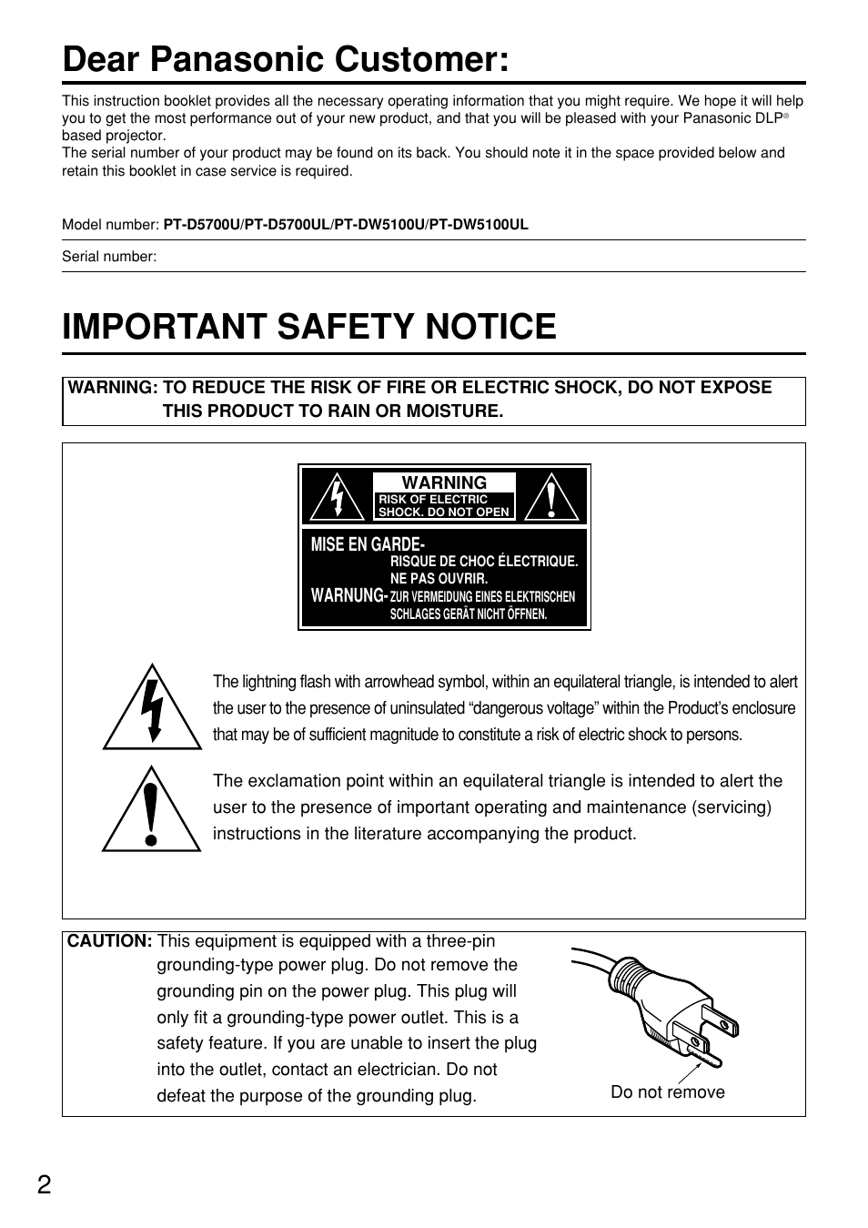 Dear panasonic customer, Important safety notice | Panasonic PT DW5100UL User Manual | Page 2 / 72