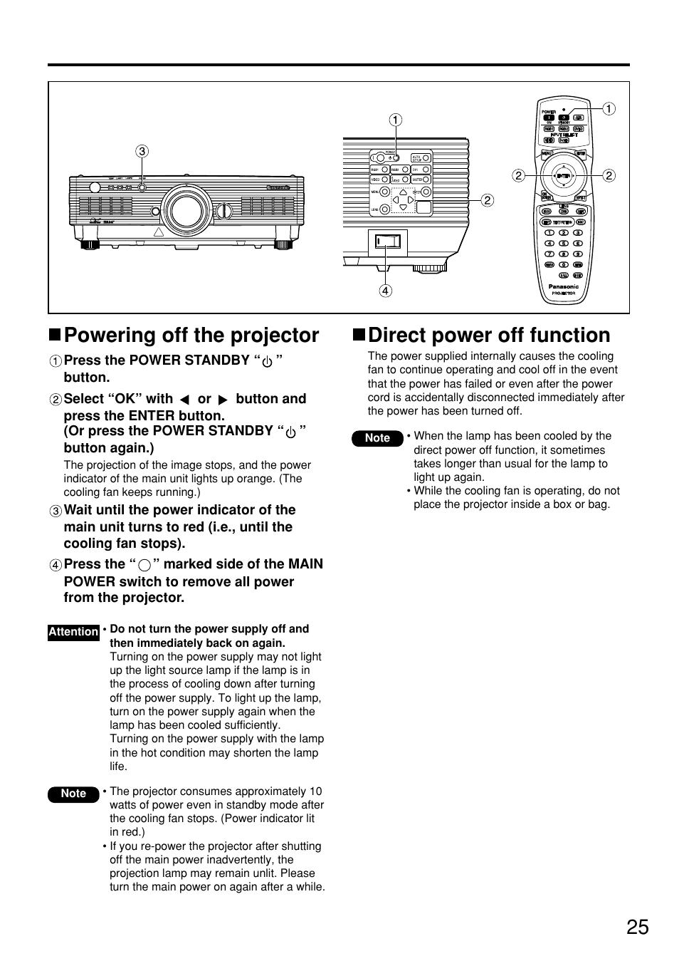 25 powering off the projector, Direct power off function | Panasonic PT DW5100UL User Manual | Page 25 / 72