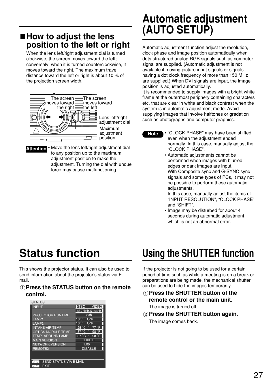 Automatic adjustment (auto setup), Using the shutter function, Status function | Panasonic PT DW5100UL User Manual | Page 27 / 72
