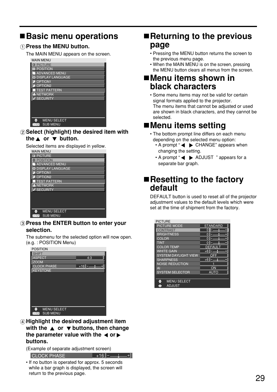 29 returning to the previous page, Menu items shown in black characters, Menu items setting | Resetting to the factory default, Basic menu operations, Press the menu button, Press the enter button to enter your selection | Panasonic PT DW5100UL User Manual | Page 29 / 72