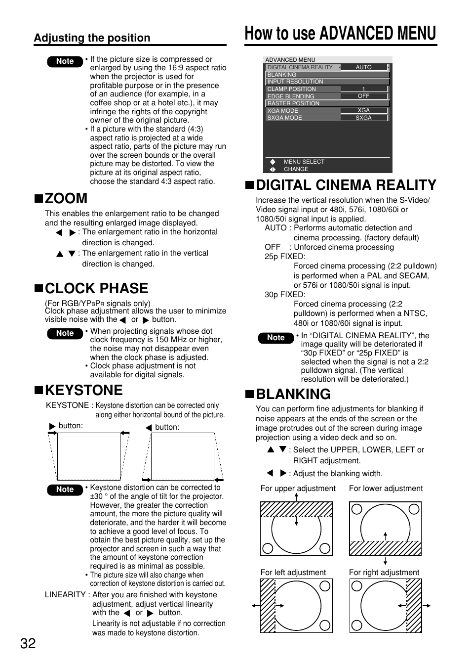 How to use advanced menu, Keystone, Zoom | Clock phase, Digital cinema reality, Blanking, Adjusting the position | Panasonic PT DW5100UL User Manual | Page 32 / 72