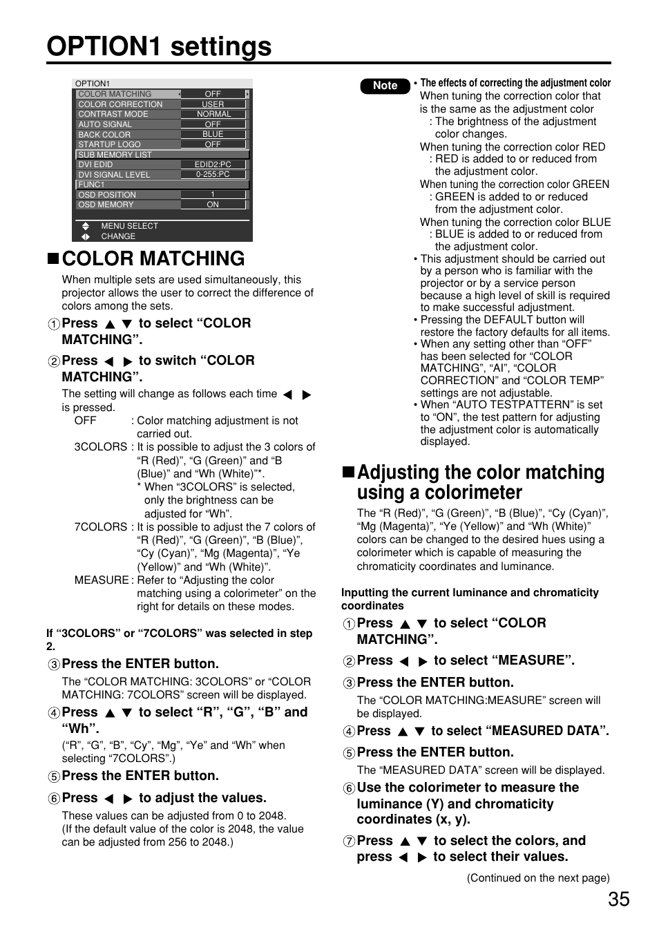 Option1 settings, Color matching, Adjusting the color matching using a colorimeter | Panasonic PT DW5100UL User Manual | Page 35 / 72