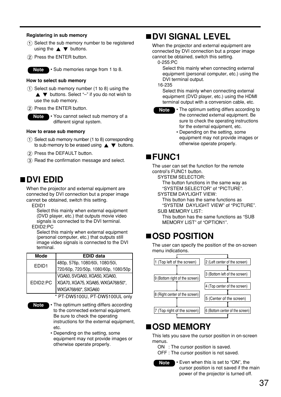 37 dvi edid, Dvi signal level, Func1 | Osd position | Panasonic PT DW5100UL User Manual | Page 37 / 72