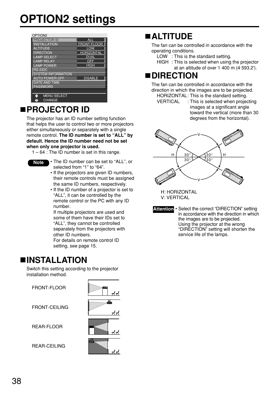 Option2 settings, Projector id, Installation | Altitude, Direction | Panasonic PT DW5100UL User Manual | Page 38 / 72