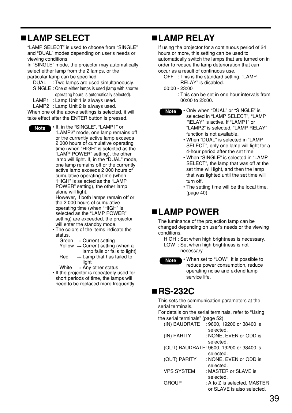 39 lamp select, Lamp relay, Lamp power | Rs-232c | Panasonic PT DW5100UL User Manual | Page 39 / 72