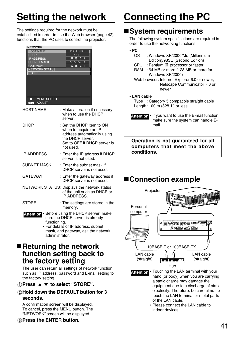 Setting the network, Connecting the pc, System requirements | Connection example, Press the enter button | Panasonic PT DW5100UL User Manual | Page 41 / 72