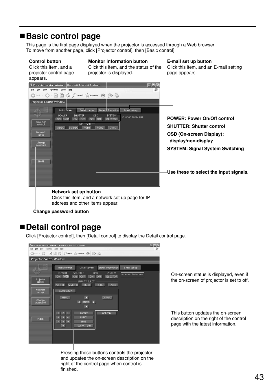43 basic control page, Detail control page | Panasonic PT DW5100UL User Manual | Page 43 / 72