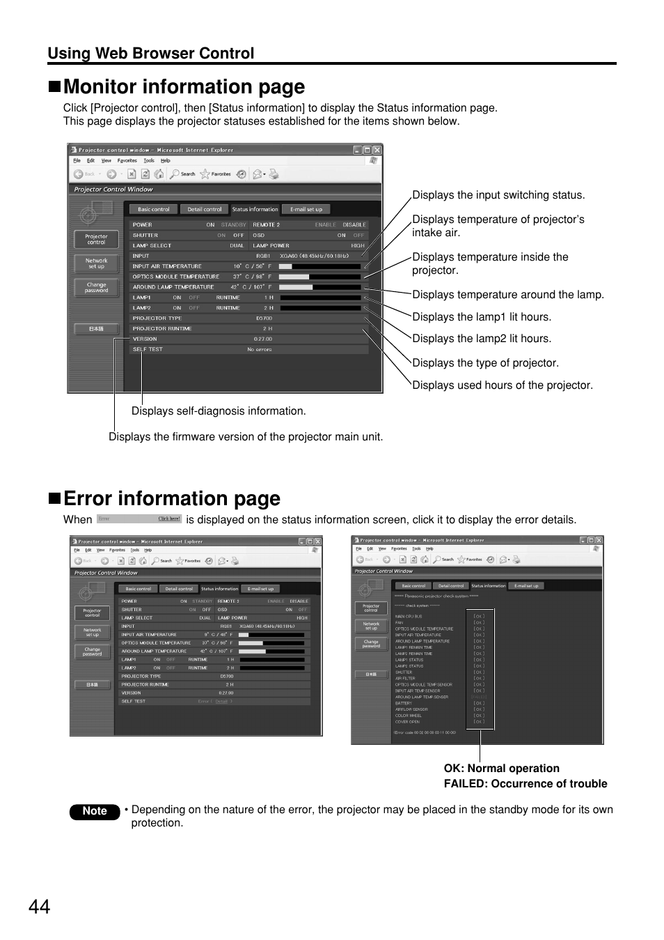 Error information page, Monitor information page, Using web browser control | Panasonic PT DW5100UL User Manual | Page 44 / 72