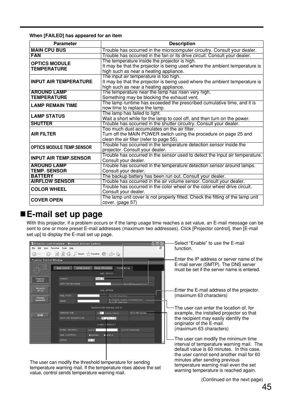E-mail set up page | Panasonic PT DW5100UL User Manual | Page 45 / 72