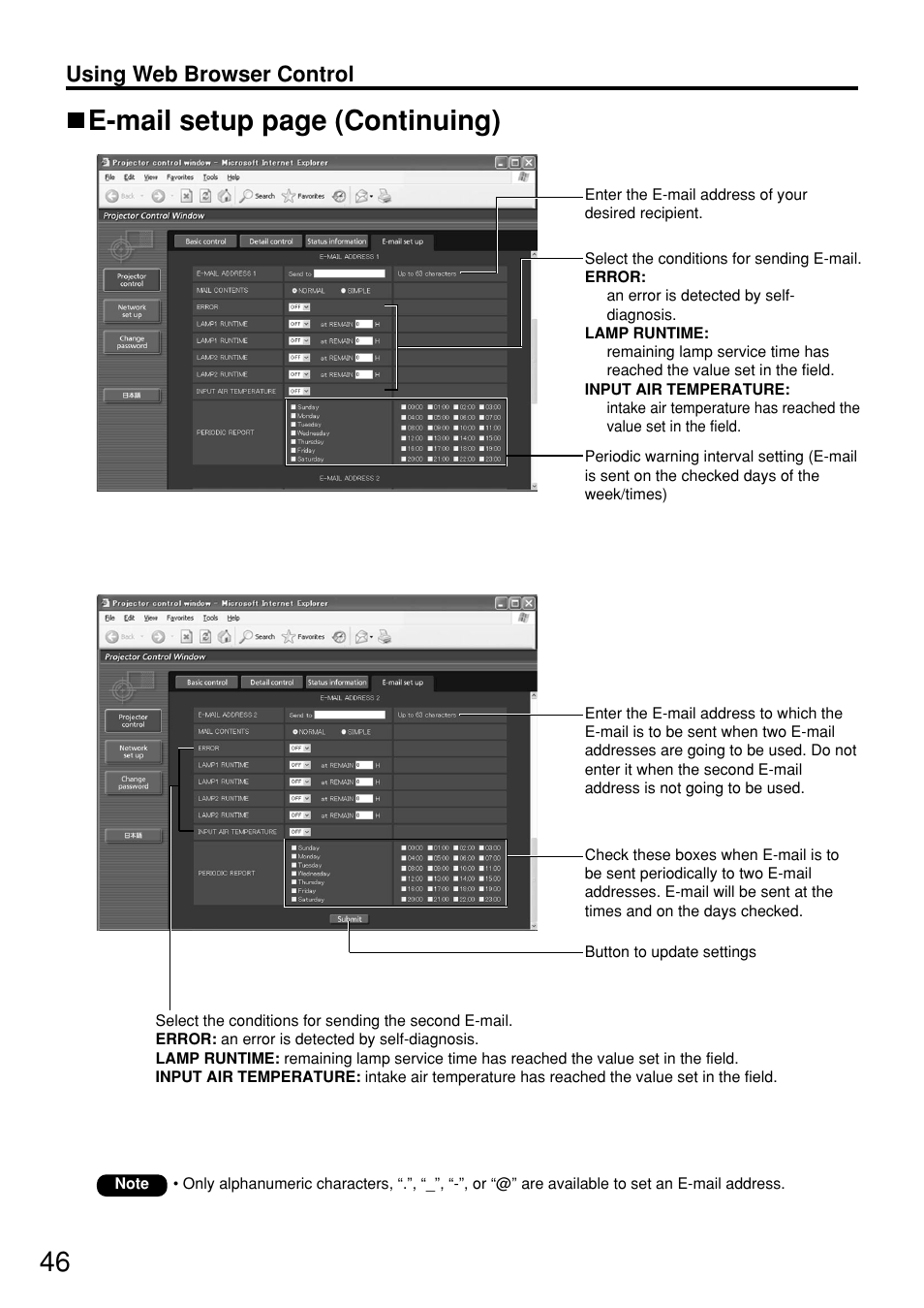 E-mail setup page (continuing), Using web browser control | Panasonic PT DW5100UL User Manual | Page 46 / 72