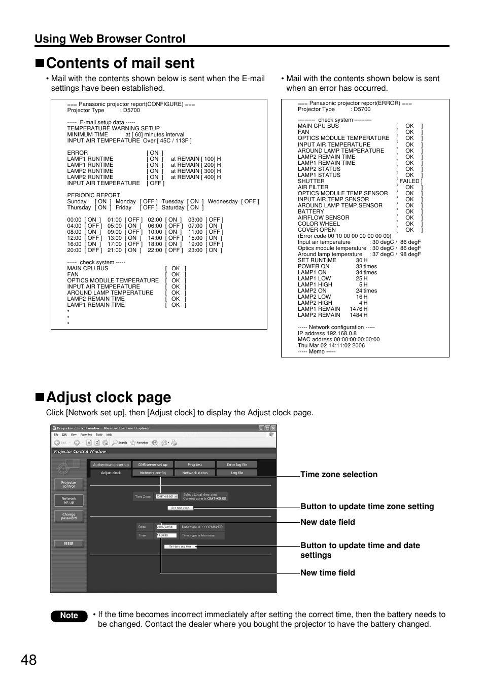 Contents of mail sent, Adjust clock page, Using web browser control | Panasonic PT DW5100UL User Manual | Page 48 / 72
